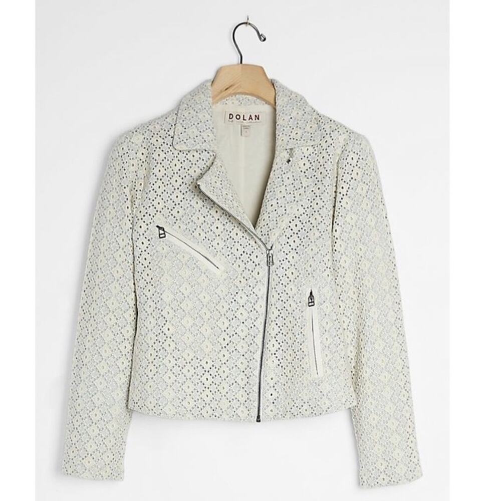 Anthropologie Dolan Eyelet Rossi Embroidered Moto Jacket Light Blue Size Small
